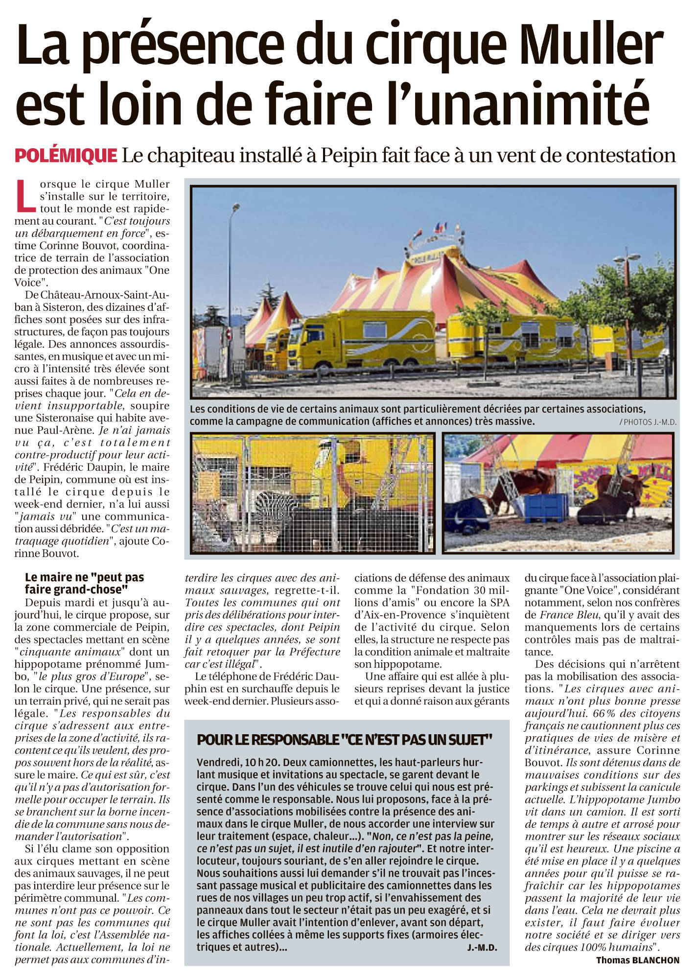 La Provence du 24 juillet 2022 : la présence du cirque Muller est loin de faire l'unanimité