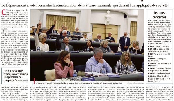 La Provence du 25/03/23 : La limitation à 90 km/h de retour sur les routes bas-alpines