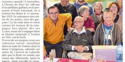 La Provence du 15/11/23 : Aimé Liautaud a fêté son centenaire