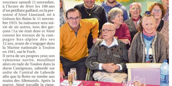 La Provence du 15/11/23 : Aimé Liautaud a fêté son centenaire