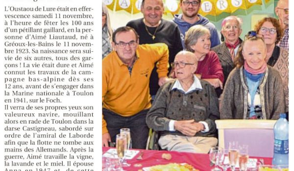La Provence du 15/11/23 : Aimé Liautaud a fêté son centenaire