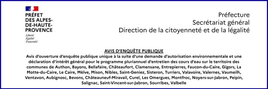Avis d’enquête publique : entretien des cours d’eau (CCJLVD et CCSB)