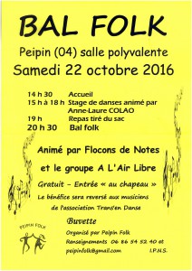 BAL FOLK - Samedi 22 octobre 2016 - salle polyvalente Peipin