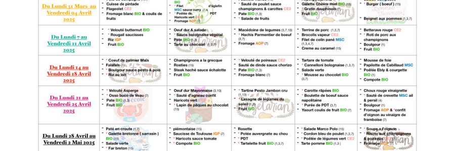 Menu du restaurant scolaire de Peipin : avril 2025