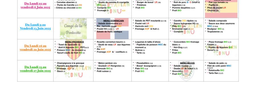 Menu du restaurant scolaire de Peipin : juin 2025
