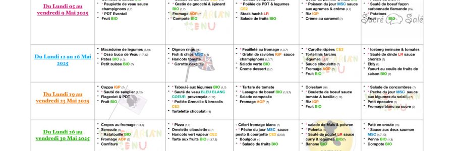 Menu du restaurant scolaire de Peipin : mai 2025