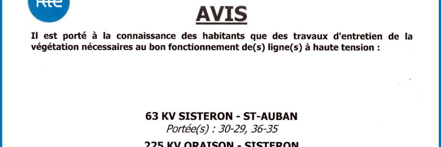 Avis Rte – Travaux d’élagage et d’abattage à Peipin