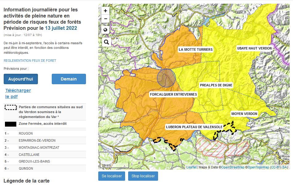 Prévention incendie - carte d'information journalière